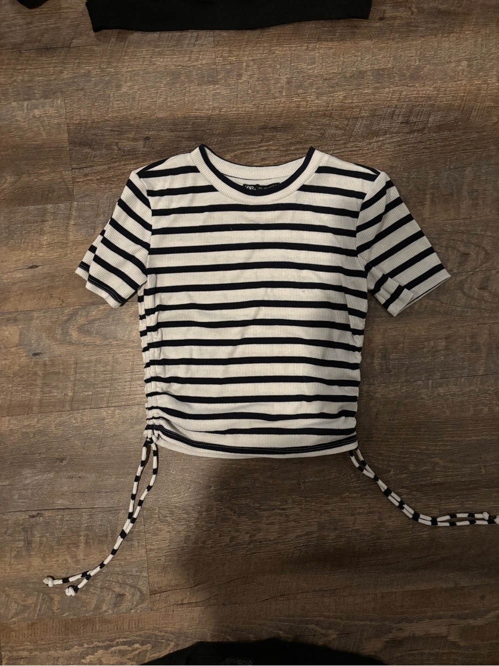 Zara Navy Blue & White Striped Ruched Side Tie Tee